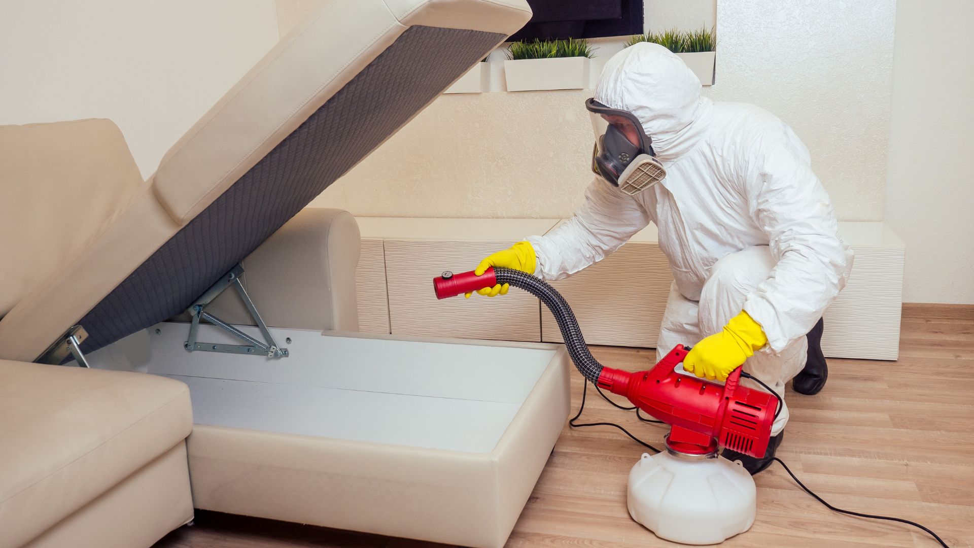 A man in a protective suit spraying a couch